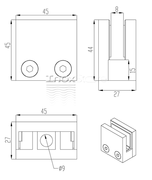 Склотримач Inoxstore литий квадратний 45х45х27 мм/Ø 0 мм, під скло 8 мм, полірований, AISI 304 00177 фото