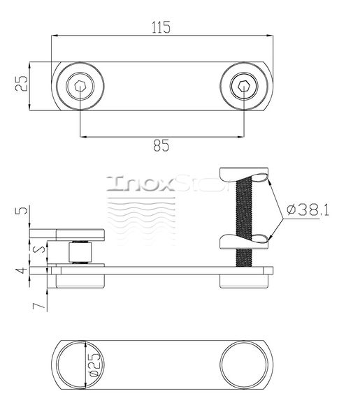 Стеклодержатель Inoxstore пластинчатый 23х115 мм, шайба 25 мм, под Ø 38,1 мм, под стекло 8-10 мм односторонний, полированный, AISI 304 00191 фото