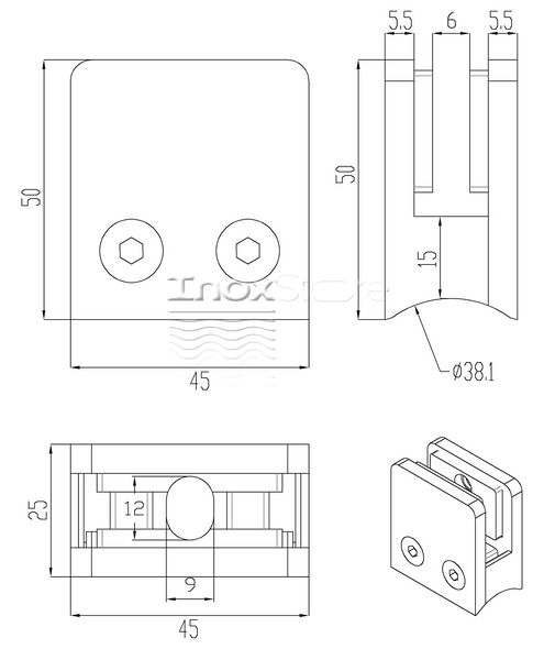 Склотримач Inoxstore литий квадратний 45х45х27 мм/Ø 38,1 мм, під скло 6 мм, ZAMAK 00432 фото