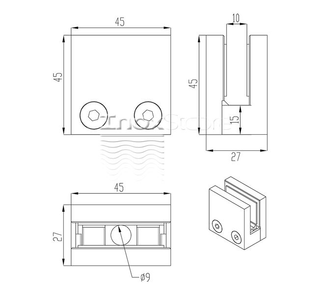 Склотримач Inoxstore литий квадратний 45х45х27 мм/Ø 0 мм, під скло 10 мм, сатинований, AISI 304 01031 фото