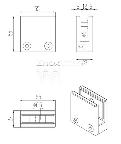 Стеклодержатель Inoxstore литой квадратный 55х55х27 мм / Ø 0 мм, под стекло 12 мм, полированный, AISI 304 00388 фото