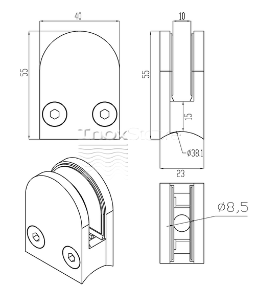 Стеклодержатель Inoxstore литой полукруглый 40х50х25 мм / Ø 38,1 мм, под стекло 10 мм, полированный, AISI 304 00182 фото