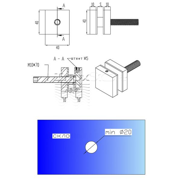 Точковий тримач Inoxstore квадрат 40x40 мм, дистанція 10 мм, AISI 304 00359 фото