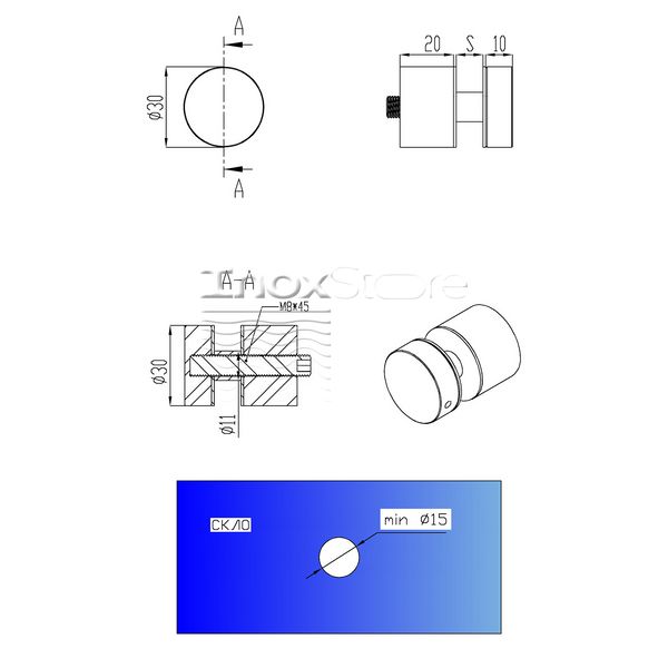 Точковий склотримач Inoxstore ø 30х20 мм, сатинований, AISI 304 00631 фото