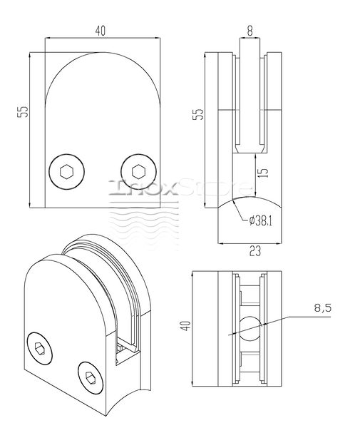 Стеклодержатель Inoxstore литой полукруглый 40х50х25 мм / Ø 38,1 мм, под стекло 8 мм, полированный, AISI 304 00186 фото