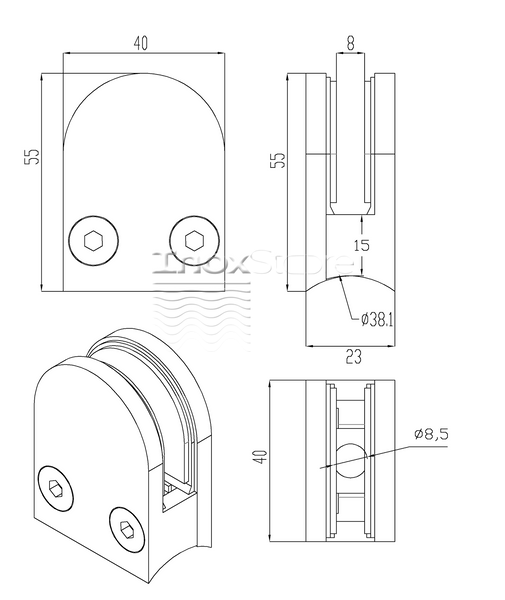 Склотримач Inoxstore литий напівкруглий 40х50х25 мм/Ø 38,1 мм, під скло 8 мм, сатинований, AISI 304 01030 фото