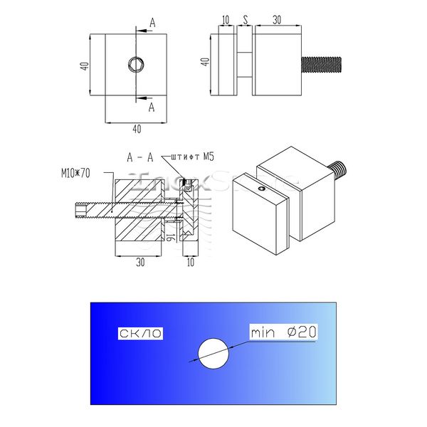 Точечный держатель Inoxstore квадрат 40x40 мм, дистанция 30 мм, AISI 304 00344 фото