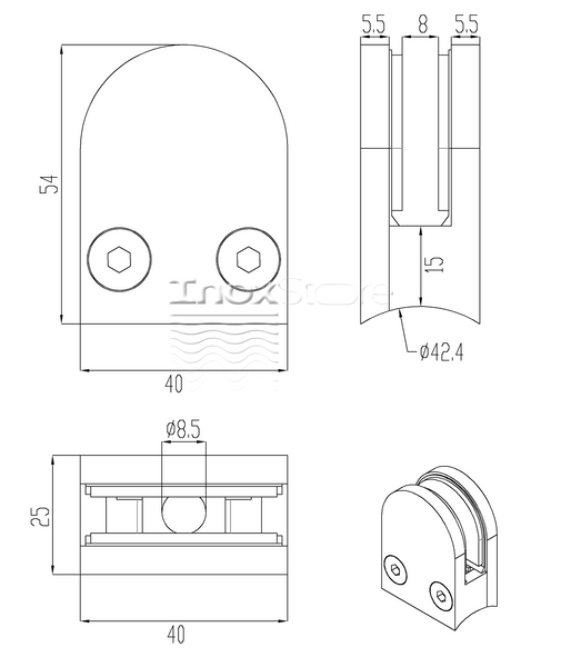 Стеклодержатель Inoxstore литой полукруглый 40х50х25 мм / Ø 42,4 мм, под стекло 8 мм, полированный, AISI 304 01171 фото