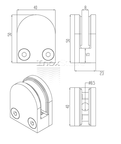 Стеклодержатель Inoxstore литой полукруглый AISI 304, 40х50х25 мм / Ø 0мм, под стекло 8 мм, полированный, AISI 304 00185 фото