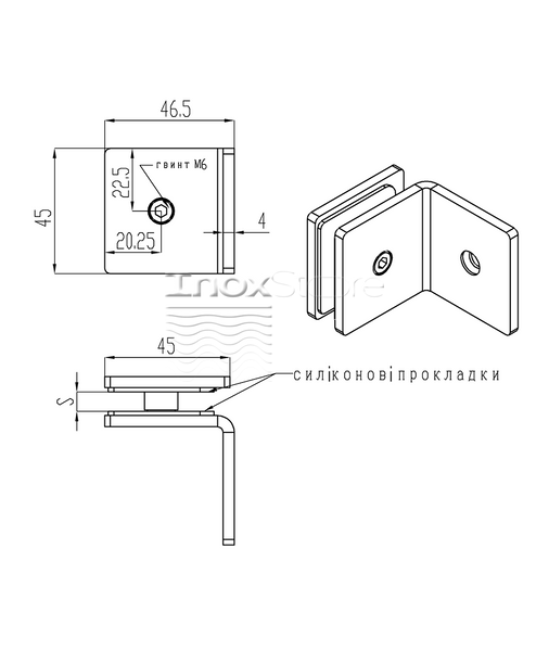 Крепление стекло-стена Inoxstore 45х90х4 мм на 90°, сатинированный, AISI 304 01733 фото