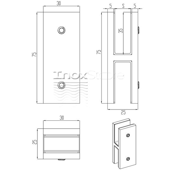 Соединитель Inoxstore, стекло-стекло 180°, под стекло 10 мм, сатинированный, AISI 304 00362 фото