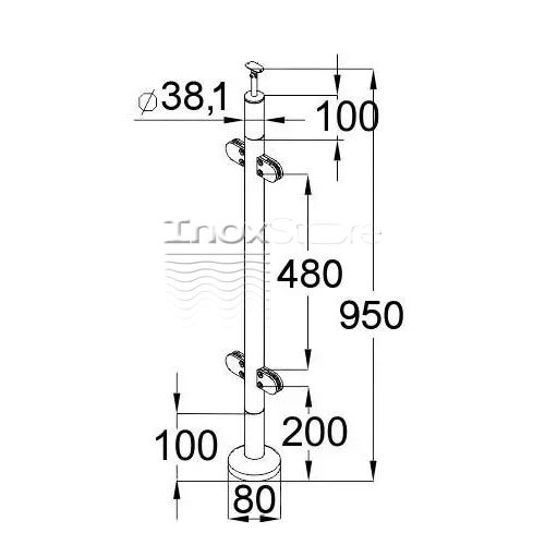 Стойка Inoxstore круглая, деревянная Ø 38,1х950 мм, с 4 штампованными стеклодержателями, со вставками из нержавеющей стали AISI 304 00323 фото