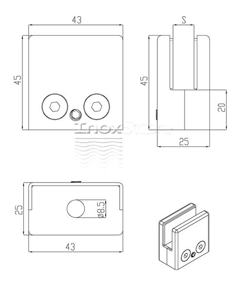 Склотримач Inoxstore штампований квадратний 45х45х25 мм/Ø 0 мм, під скло 8 мм, сатинований, AISI 304 00622 фото