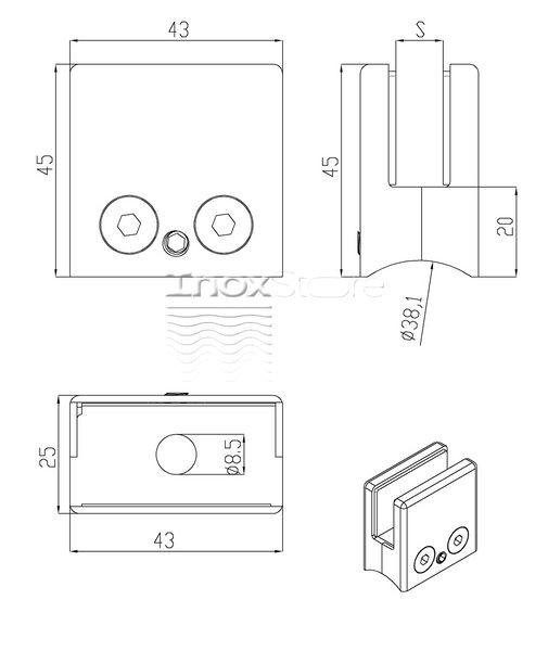 Стеклодержатель Inoxstore штампованный квадратный 45х45х25 мм / Ø 38,1 мм, под стекло 10 мм, полированный, AISI 304 00195 фото