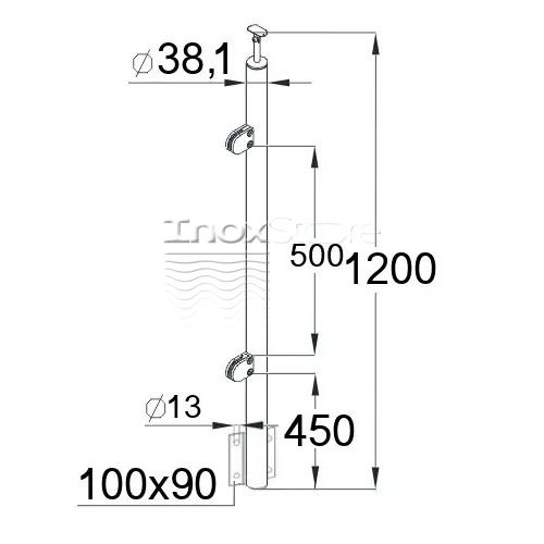 Стойка Inoxstore круглая Ø 38,1х1200 мм, с 2-я штампованными стеклодержателями (L - крепление), с боковым креплением, полированная, AISI 304 00249-L фото