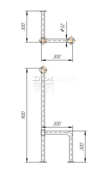 Поручень для ванной Inoxstore с двойной опорой из нержавеющей стали, полированный, 900х300х300 мм 00402 фото