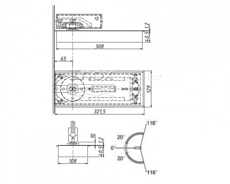 Доводчик для пола Inoxstore с фиксацией створки 90°, угол открытия 116° (90°-20°/20°-0°), max вес 130 кг, сатинированная, AISI 304 6005 фото