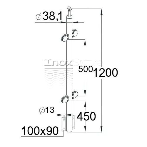 Стойка Inoxstore круглая Ø 38,1х1200 мм, с 4-я штамповаными стеклодержателями, с боковым креплением, полированная, AISI 304 00255 фото