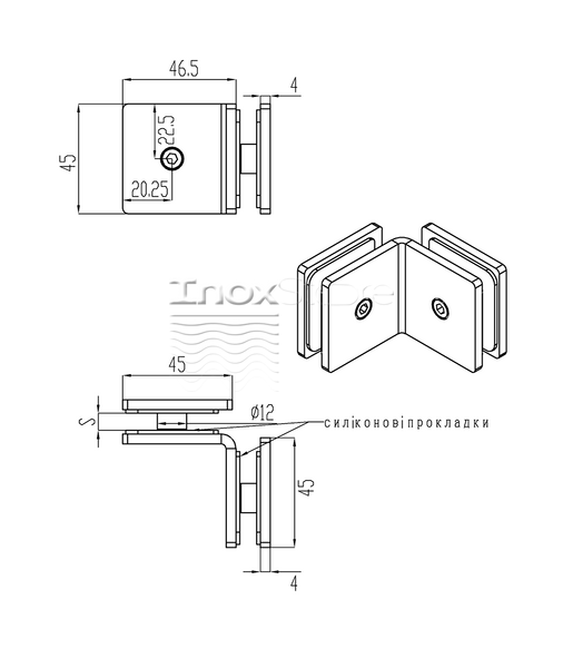Соединитель стекла Inoxstore 45х90х4 мм на 90°, угловой, полированный, AISI 304 01699 фото