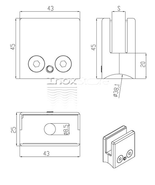 Стеклодержатель Inoxstore штампованный квадратный 45х45х25 мм / Ø 38,1 мм, под стекло 8 мм, полированный, AISI 304 00197 фото
