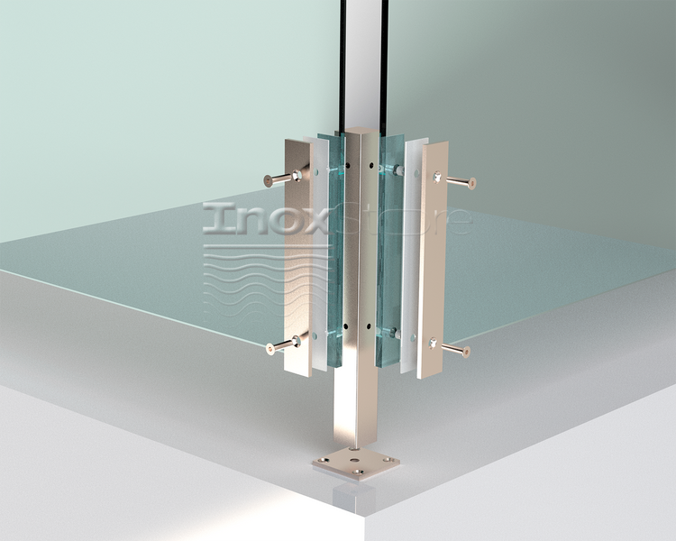 Стеклодержатель Inoxstore напольный, угловой 40х40х400 мм, с прижимной пластиной, сатинированный, AISI 304 01641 фото