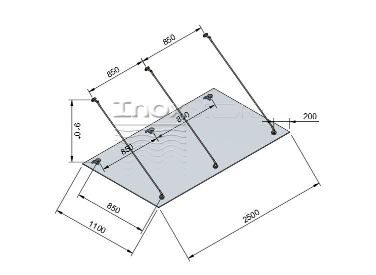 Стеклянный козырек Inoxstore на вантах, 1100х2500 мм 1170 фото