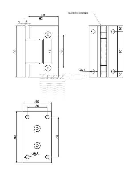 Петля Inoxstore "Престиж" 90° стена-стекло, без фаски, сатинированная, AISI 304 50008 фото