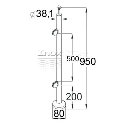 Стойка Inoxstore круглая Ø 38,1х950 мм, с 2-я штампованными стеклодержателями (L - крепление), полированная, AISI 304 00247-L фото