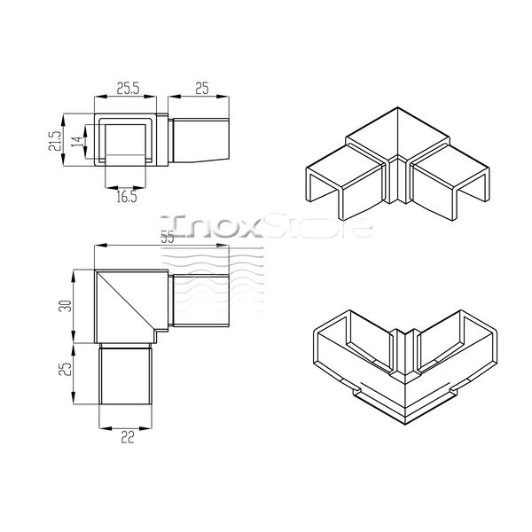 Отвод для поручня Inoxstore с пазом 25х21 мм - 90°, паз 14х14 мм, полированный, AISI 304 00520 фото