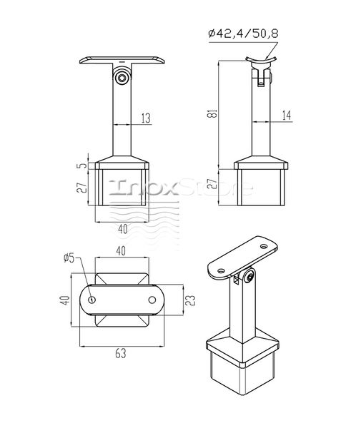 Кронштейн на стойку Inoxstore 40х40х1,5 мм, штырь-квадрат h-81 мм, ложемент-шарнир под Ø 42,4 мм/50,8 мм, полированный, AISI 304 00390 фото
