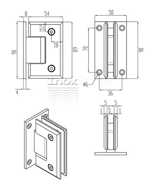 Петля Inoxstore "Элегант" 90° стена-стекло, с фаской, сатинированная, AISI 304 50019 фото