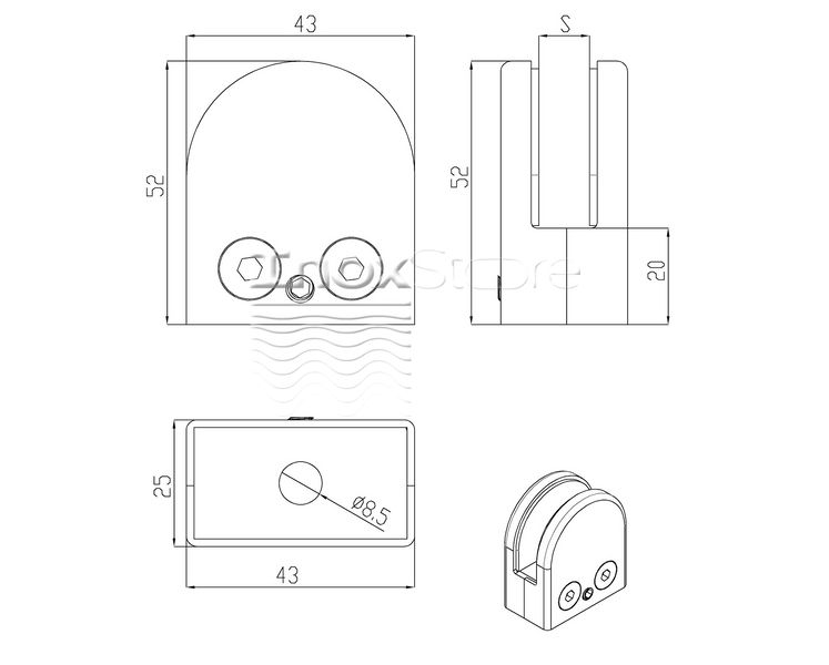 Стеклодержатель Inoxstore штампованный полукруглый 52х40х25 мм / Ø 0 мм, под стекло 8 мм, полированный, AISI 304 00201 фото