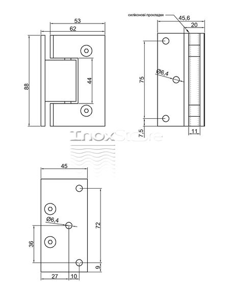 Петля Inoxstore стена-стекло 90° со смещением, для душевой кабины, чёрная, AISI 304 50011 фото