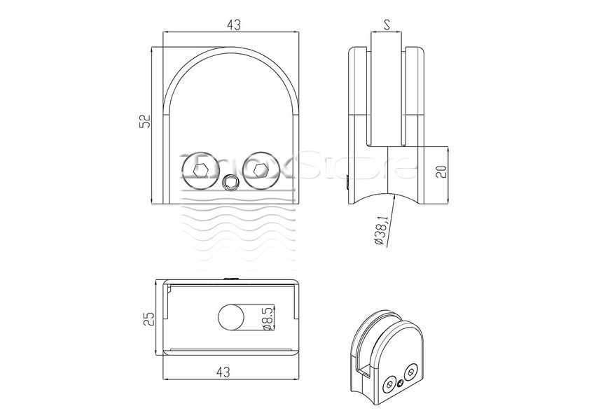 Стеклодержатель Inoxstore штампованный полукруглый 52х40х25 мм / Ø 38,1 мм, под стекло 8 мм, полированный, AISI 304 00202 фото