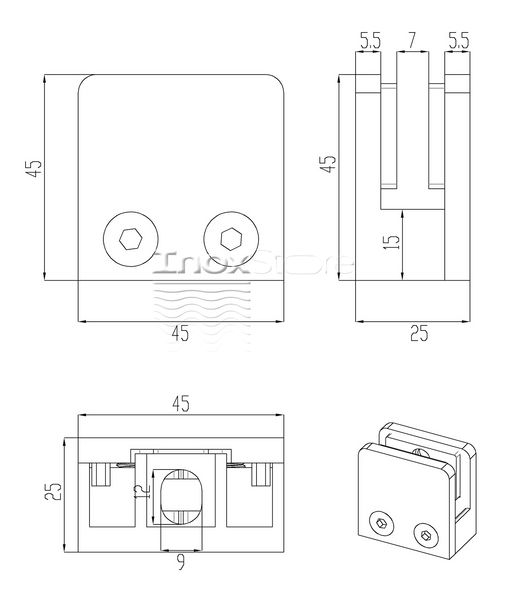 Стеклодержатель Inoxstore литой квадратный 45х45х27 мм / Ø 0 мм, под стекло 8 мм, ZAMAK 00431 фото