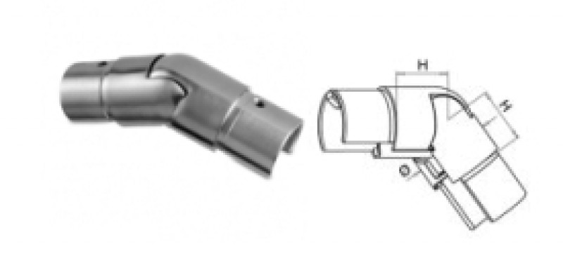 Поворот поручня Inoxstore с пазом Ø 42,4 мм, паз 24х24 мм, регулируемый вниз, полированный, AISI 304