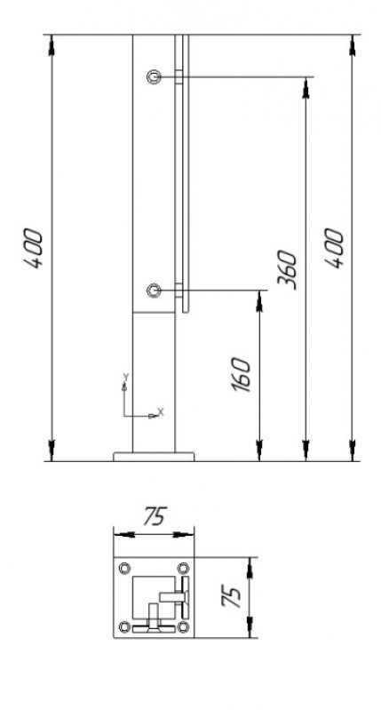 Стеклодержатель Inoxstore напольный, угловой 40х40х400 мм, с прижимной пластиной, сатинированный,  AISI 304