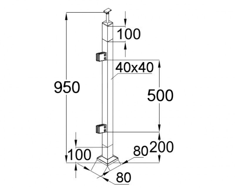 Стойка Inoxstore квадратная, деревянная 40х40х950 мм, с 2 штампованными стеклодержателями (L монтаж), со вставками из нержавеющей стали AISI 304