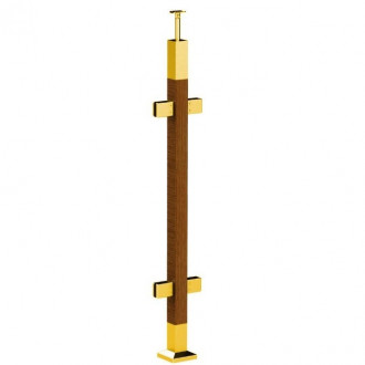 Стойка Inoxstore квадратная, деревянная 40х40х950 мм с 4 литыми стеклодержателями, со вставками из нержавеющей стали AISI 304, покрытие под золото