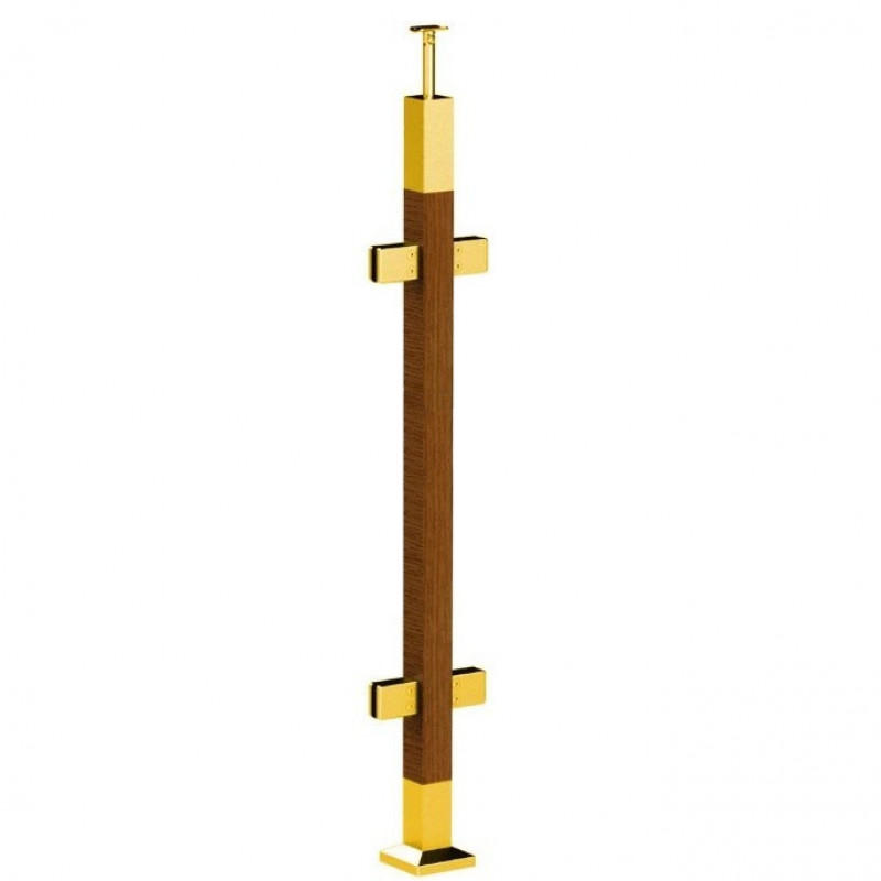 Стойка Inoxstore квадратная, деревянная 40х40х950 мм с 4 литыми стеклодержателями, со вставками из нержавеющей стали AISI 304, покрытие под золото