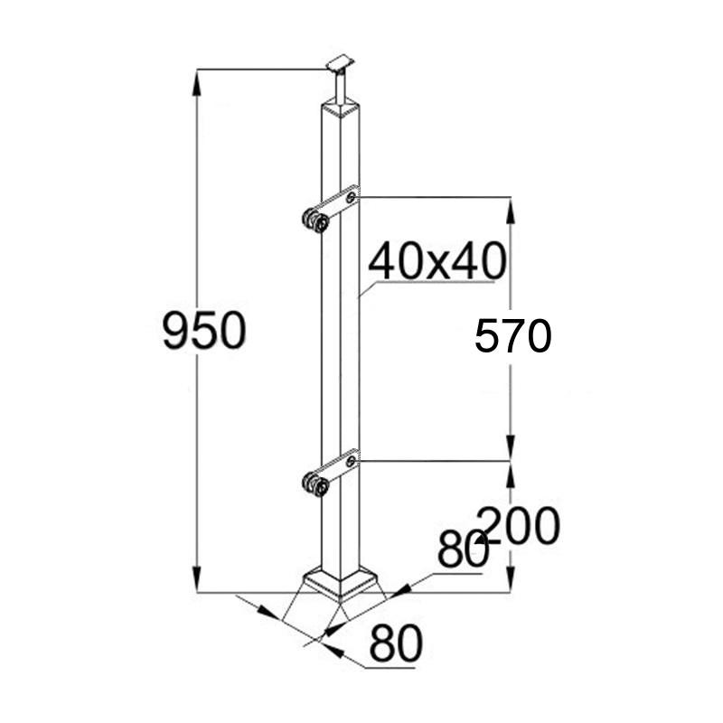 Стойка Inoxstore квадратная 40х40х950 мм из нержавеющей стали с 2 пластинчатыми стеклодержателями (Односторонняя)