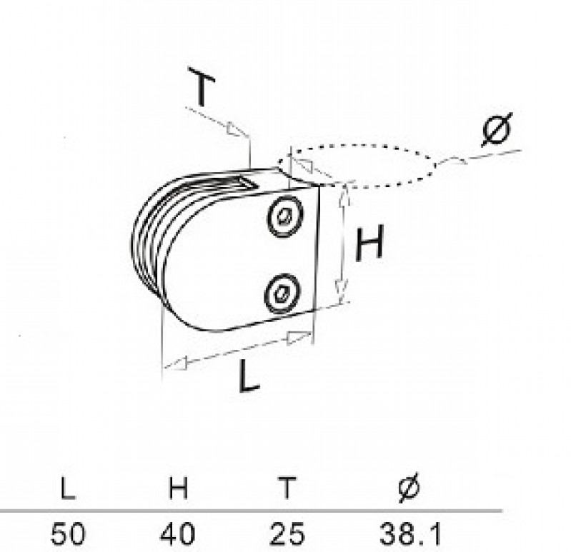 Стеклодержатель Inoxstore литой полукруглый 40х50х25 мм / Ø 38,1 мм, под стекло 6 мм, полированный, AISI 304