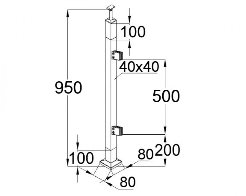 Стойка Inoxstore квадратная, деревянная 40х40х950 мм, с 2 штампованными стеклодержателями (R монтаж), со вставками из нержавеющей стали AISI 304
