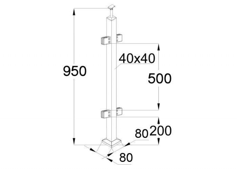 Стойка Inoxstore квадратная 40х40х950 мм из нержавеющей стали с 4 квадратными штамп. стеклодержателями