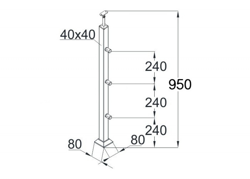 Стойка Inoxstore квадратная 40х40х950 мм из нержавеющей стали с 3 ригелями